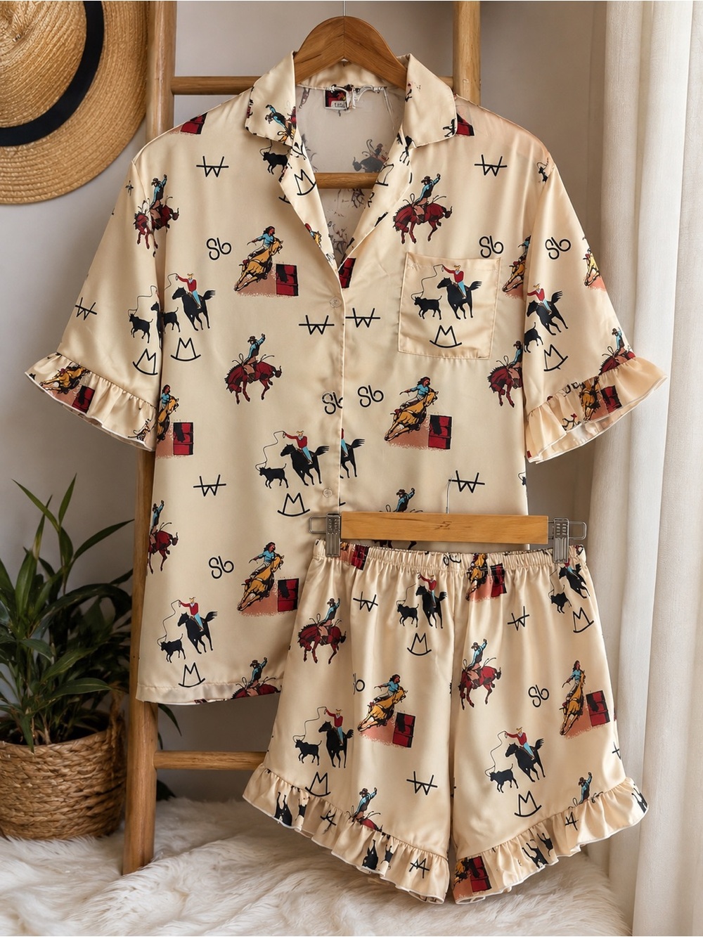 Mid Western Merch Cream Rodeo Print Satin Pajama Set NWT Size M 🐴